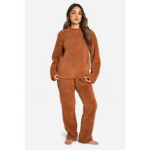Boucle Fleece Sweat And Wide Leg Jogger Set - Marron - 34, Marron