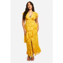 Grande Taille - Robe Longue Fleurie À Volants - Jaune - 56, Jaune