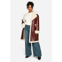 Veste Aviateur Longue En Similicuir "Plus" Avec Bordure Teddy - Rouge Bordeaux - 52, Rouge Bordeaux
