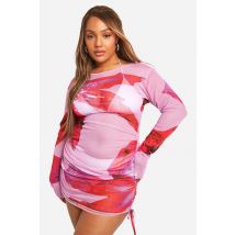 Robe De Plage Froncée À Fleurs Pour Grandes Tailles - Rose - 56, Rose