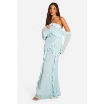 Robe Maxi Bardot En Chiffon À Volants - Bleu Pâle - 44, Bleu Pâle