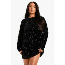 "Plus" Robe Chemise En Velours À Sequins Avec Nœud Au Dos - Noir - 48, Noir