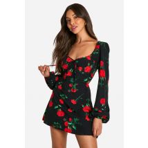Mini Robe Laitière À Fleurs - Noir - 44, Noir