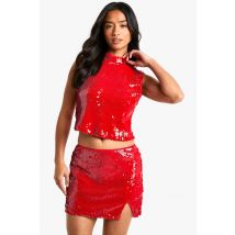 Haut Court À Sequins, Encolure Haute - Rouge - 34, Rouge