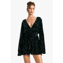 Combinaison À Sequins, Manches Évasées Et Dos Ouvert - Vert Émeraude - 38, Vert Émeraude