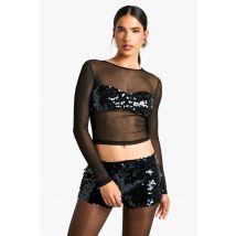 Sequin Bust Long Sleeve Mesh Top - Bleu Foncè - 36, Bleu Foncè