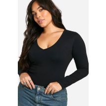 Grande Taille - T-Shirt À Col V Et Manches Longues - Noir - 44, Noir