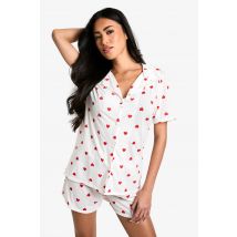 Ensemble Pyjama Chemise À Manches Courtes Et Short À Imprimé Cœur - Blanc Cassé - 34, Blanc Cassé