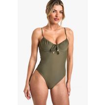 Maillot De Bain À Armatures Avec Bonnet Ruché, Laçage Avant Et Garniture En Coquille - Vert Kaki - 36, Vert Kaki