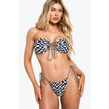 Checkerboard Rope Strap Halterneck Bikini Top & Tanga Tie Side Bikini Bottoms Set - Monochrome - 36, Monochrome