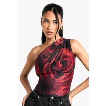 Rose Print Mesh One Shoulder Corset Detail Top - Rouge - 38, Rouge