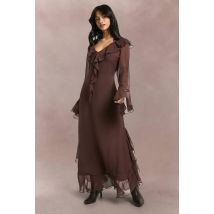 boohoo Femmes Petite Robe Maxi en Chiffon a Volants, Manches Évasees et Ceinture | Chocolat | Taille: 34