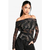 Animal Ruched Front Bardot Top À Manches Longues Imprimé Animal - Marron - 34, Marron