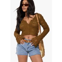 Cardigan En Crochet À Manches Volant - Marron Chocolat - S, Marron Chocolat