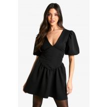 Robe Chemisier À Manches Bouffantes - Noir - 38, Noir
