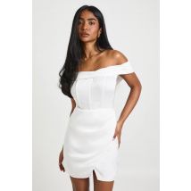 boohoo Femmes Robe Mini en Satin Ruched a Details Drapes Bardot | Blanc | Taille: 40