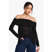 boohoo Femmes Sheer Mesh Bardot Top With Drape Detail | Noir | Taille: 36