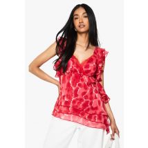 boohoo Femmes Chemisier Asymetrique en Chiffon Floral a Volants | Rouge | Taille: 34