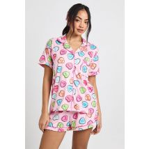 boohoo Femmes Ensemble Pyjama 3 Pieces Saint-Valentin Imprime Cœurs d'amour Haut Manches Courtes & Short | Rose | Taille: 36