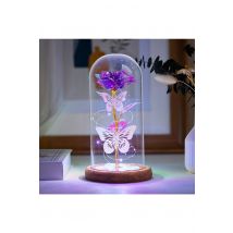 Living and Home Two Butterfly Rose in Glass Dome with Wooden Base & LED Lighting for Gifts in Purple