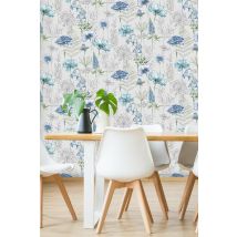 Fresco Sketch Floral Wallpaper in Blue