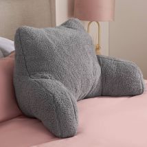 OHS Teddy Fleece Bed Reading Cushion Pillow with Arms Lumbar Support in Grey