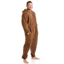 Camille Men Luxury Supersoft Leopard Print Hooded Onesie in Camel | Size: X-Large