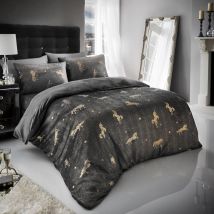 Smart Living Teddy Unicorn Star Foil Duvet Cover and Pillowcase Set in Charcoal | Size: King