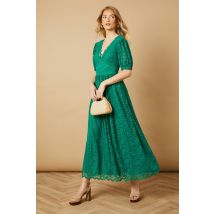 Oasis Lace Puff Sleeve V Neck Midaxi Dress In Green