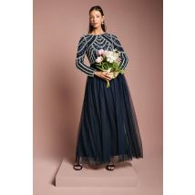 Coast Honoured Long Sleeve Sequin Bodice Tulle Skirt Maxi Bridesmaid Dress In Navy