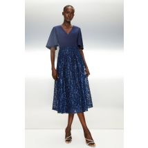 Coast Flare Sleeve V Neck Embroidered Skirt Midi Dr In Navy