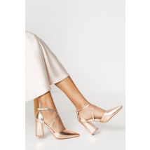 Coast Treat Faux Leather Cross Strap Pointed Block Heel Court Shoes In Rose Gold