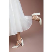 Coast Treat Faux Leather Cross Strap Pointed Block Heel Court Shoes In White