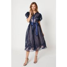 Coast Placement Stripe Organza Puff Sleeve Shirt Dress In Navy