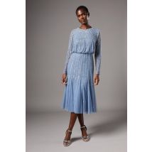 Coast Party Sequin Long Sleeve Midi Dress In Dusty Blue