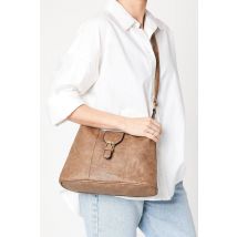 Womens Terry Faux Leather Buckle Detail Top Zip Casual Tote Bags - Taupe - One Size