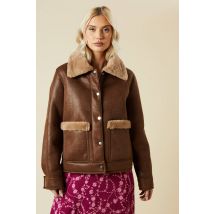 Womens Brown Faux Fur Detail Aviator Jacket