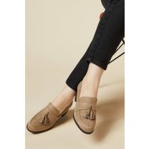 Womens Wide Fit Lena Heeled Tassel Loafers - Taupe - 4