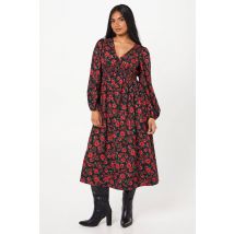 Womens Petite Red Floral V Neck Shirred Waist Midi Dress