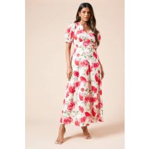Womens Petite Dropped Waist Poplin Short Sleeve Midi Dress - Floral - 8