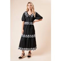 Womens Petite Embroidered Tiered Midi Dress - Mono - 6