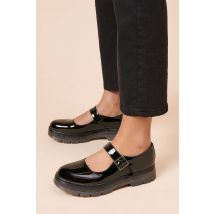 Womens Faith: Bessie Faux Patent Leather Buckle Strap Mary Jane Chunky Shoes - True Black - 7