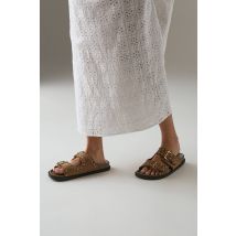 Womens Faith: Giuliana Faux Suede Eyelet & Whipstitch Double Buckle Footbed Sliders - Taupe - 3
