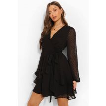 Womens Ruffle Hem Dobby Chiffon Mini Dress
