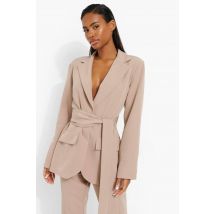 Boohoo Obi Tie Waist Tailored Blazer In Camel