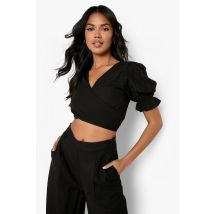 Womens Linen Look Wrap Crop Top - Black - 14