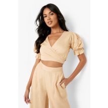 Womens Linen Look Wrap Crop Top - Stone - 6