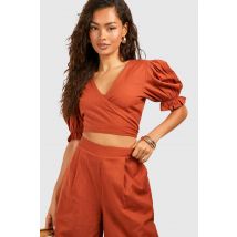 Womens Linen Look Wrap Crop Top - Terracotta - 14