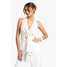 Womens Linen Halter Neck Knot Front Top