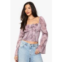 Womens Floral Chiffon Tie Front Shirred Blouse